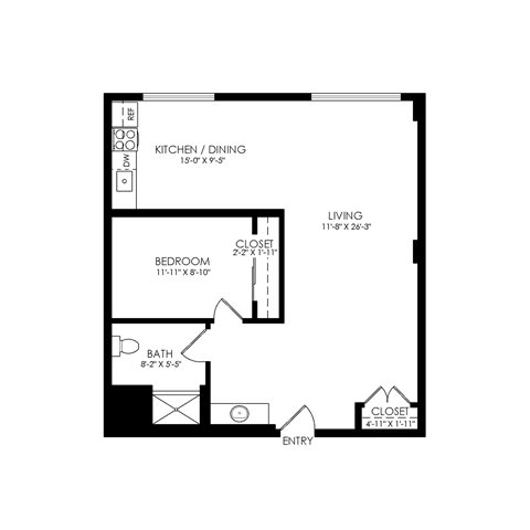 Floor plan for 1 bed, 1 bath, 750 sqft
